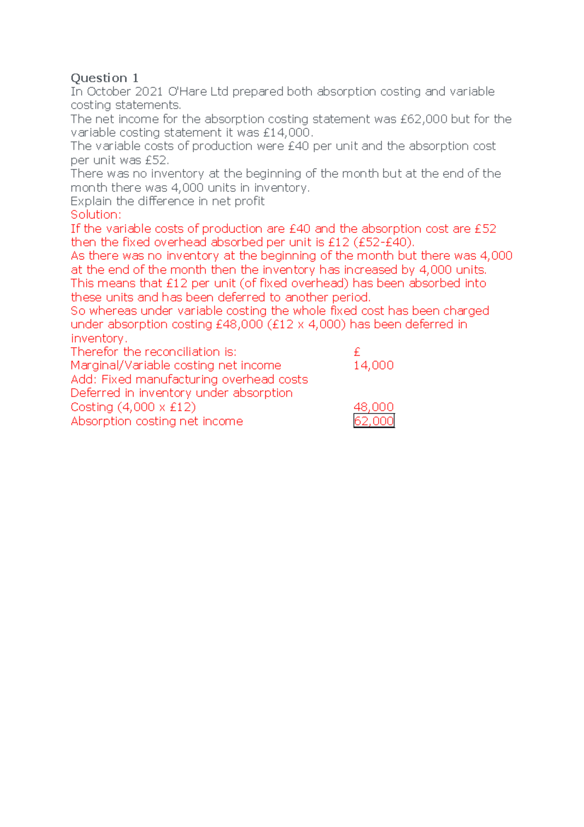 Reconciliation quiz solutions - Question 1 In October 2021 O'Hare Ltd ...