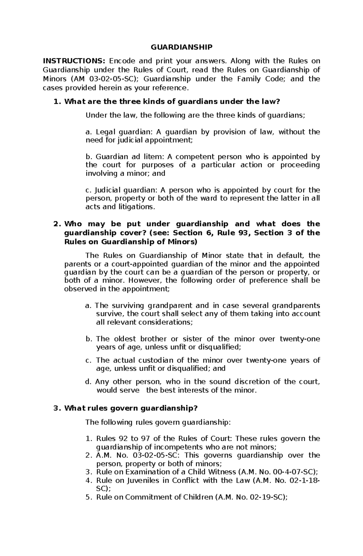 Guardianship Assignment - GUARDIANSHIP INSTRUCTIONS: Encode and print ...