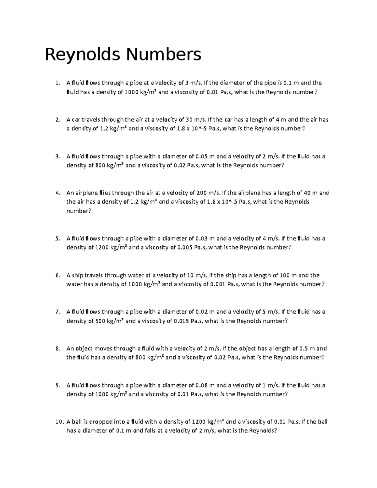 Reynolds Numbers - self-made worksheet for fluid mechanics - Reynolds ...
