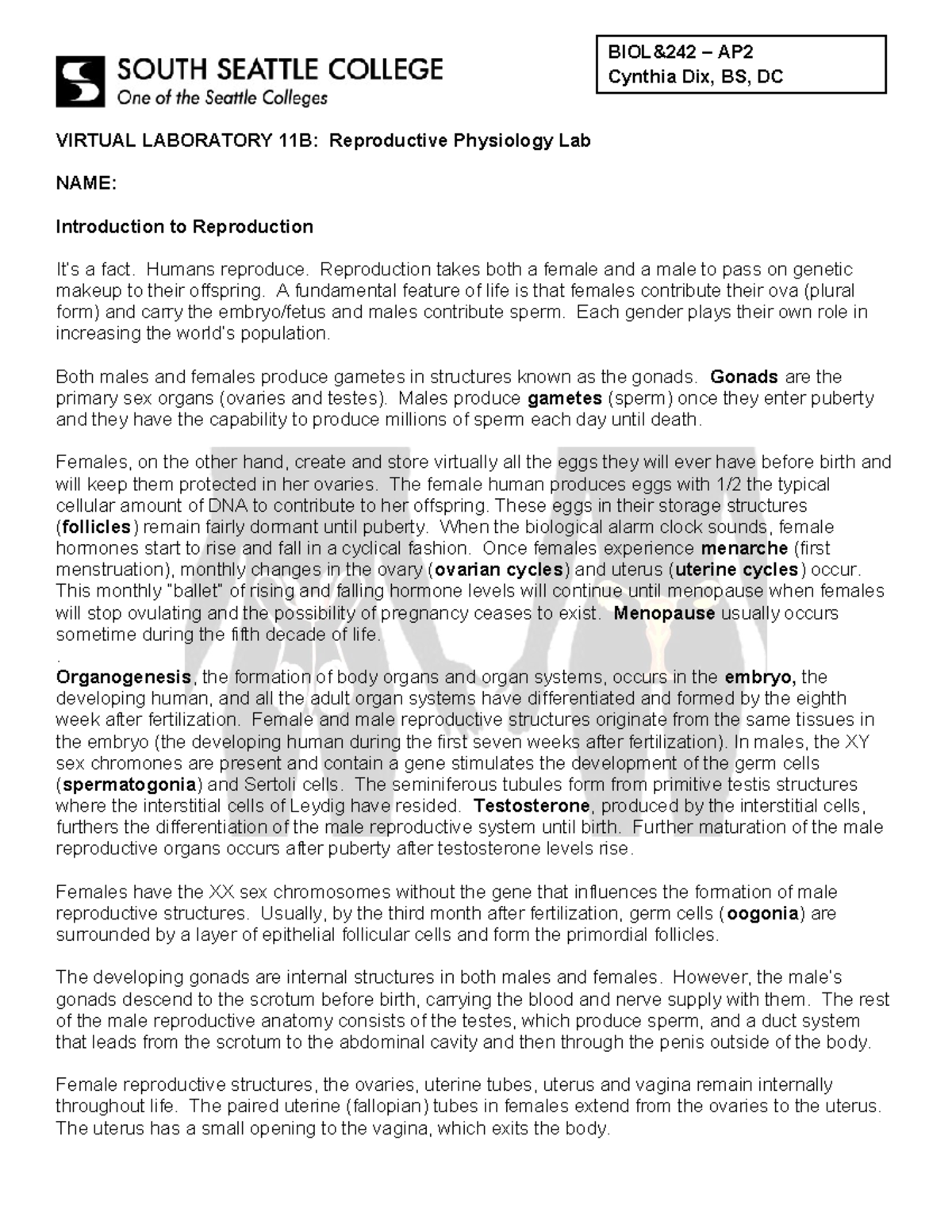 Virtual Lab Reproductive Physiology BIOL&242 AP Cynthia Dix, BS, DC