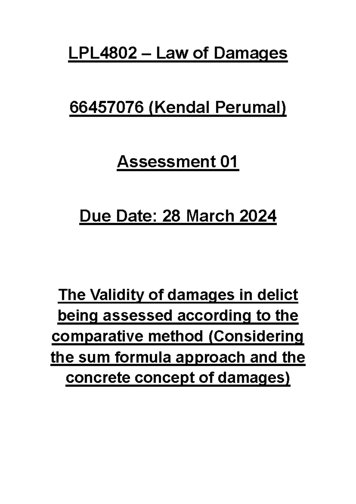 law of damages assignment 1 2021