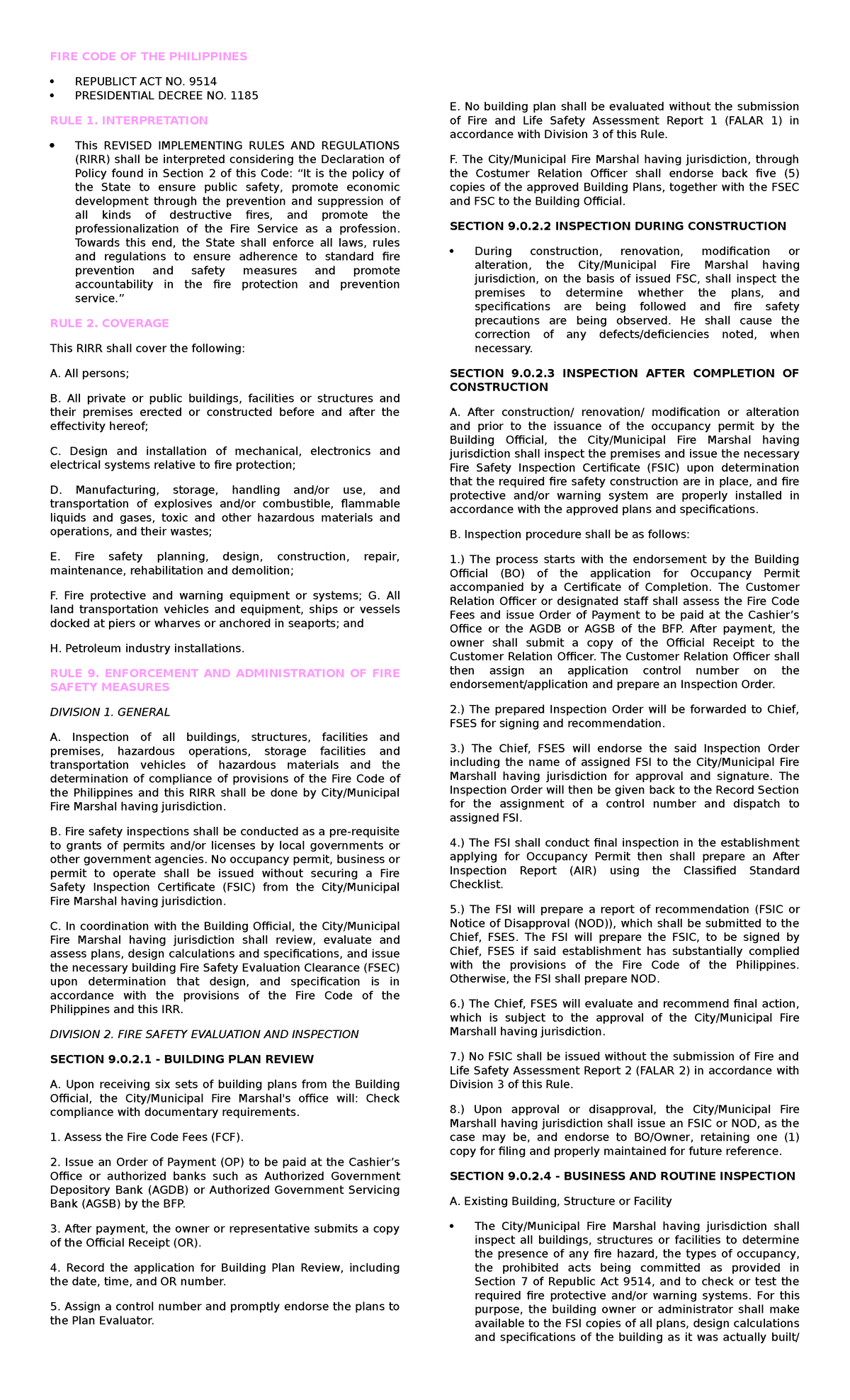 2ND EXAM - FIRE CODE - Notes - FIRE CODE OF THE PHILIPPINES REPUBLICT ...