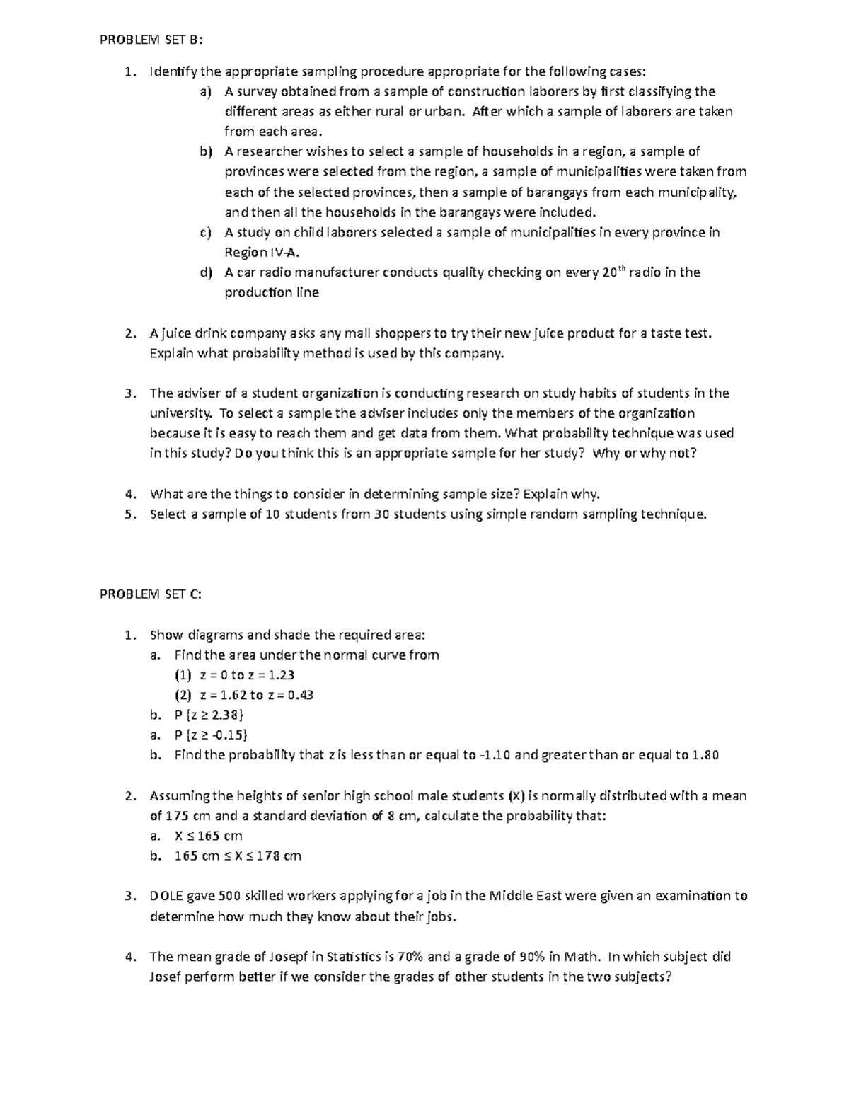 Problem SET C - PROBLEM SET B: Identify The Appropriate Sampling ...