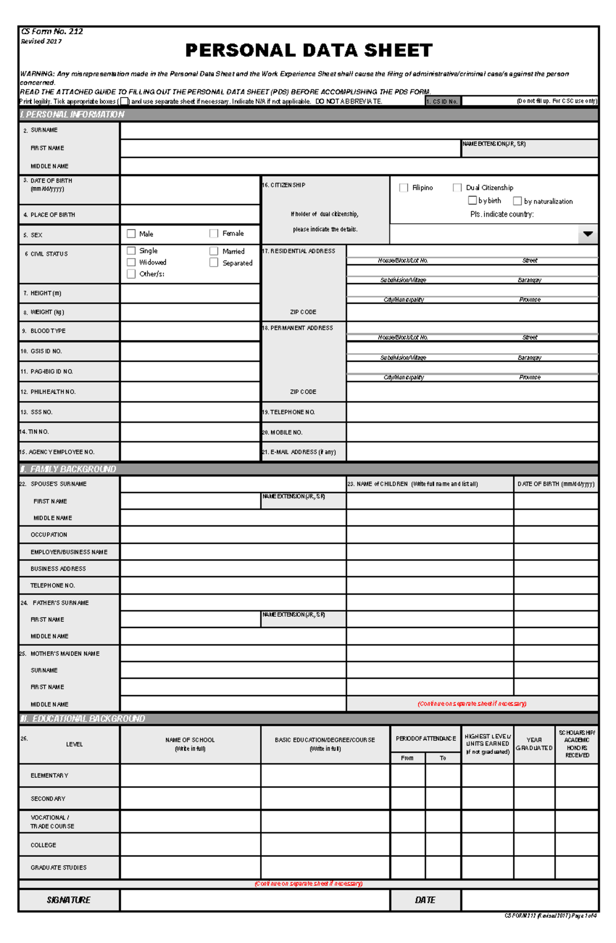 Personal Data Sheet (Page 1) for future endeavor. - Print legibly. Tick ...