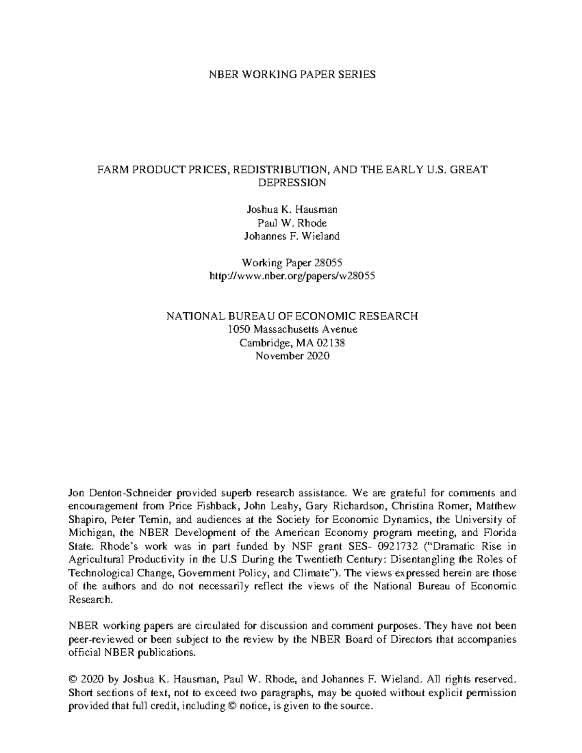 Ec104 essay 2 readinggchnfdk - NBER WORKING PAPER SERIES FARM PRODUCT ...