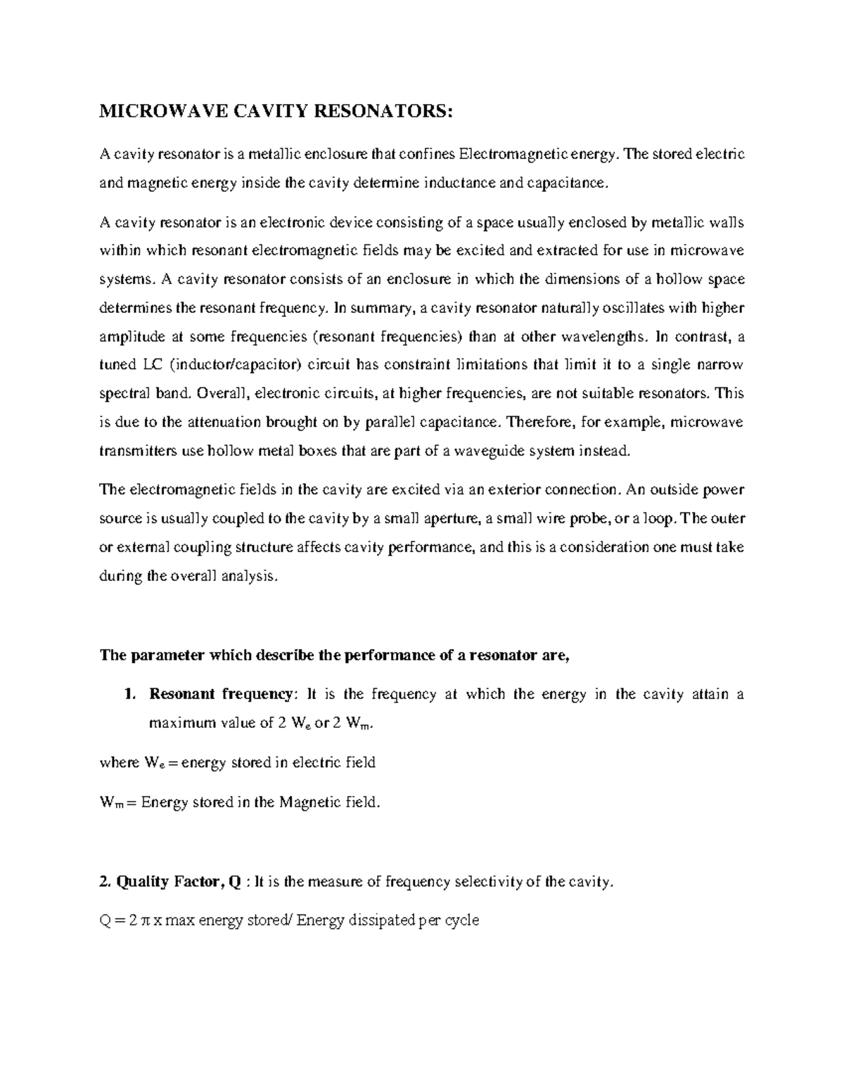 Cavity Resonator printed notes MICROWAVE CAVITY RESONATORS A