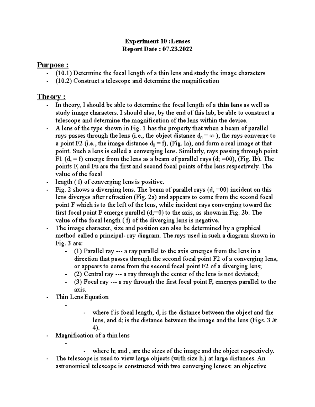 Experiment 10 Lenses - Experiment 10 :Lenses Report Date : 07. Purpose ...