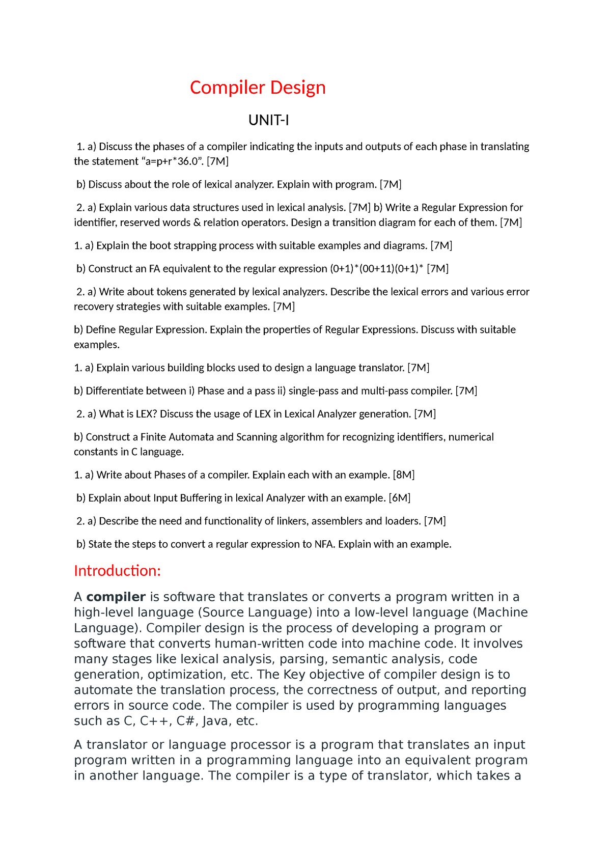 Compiler Design Unit-1 - Compiler Design UNIT-I A) Discuss The Phases ...