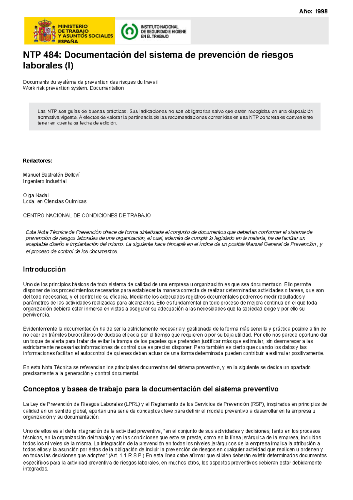 Ntp 484 Documentación Del Sistema De Prevención De Riesgos Laborales (I ...