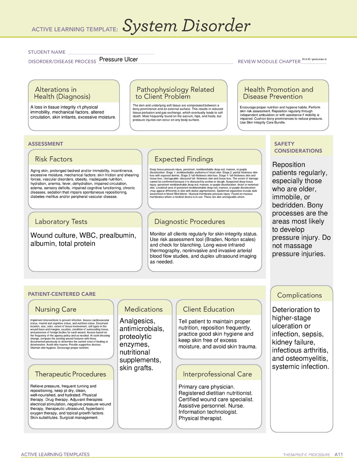 Pressure Ulcer System Disorder Template Active Learning Templates