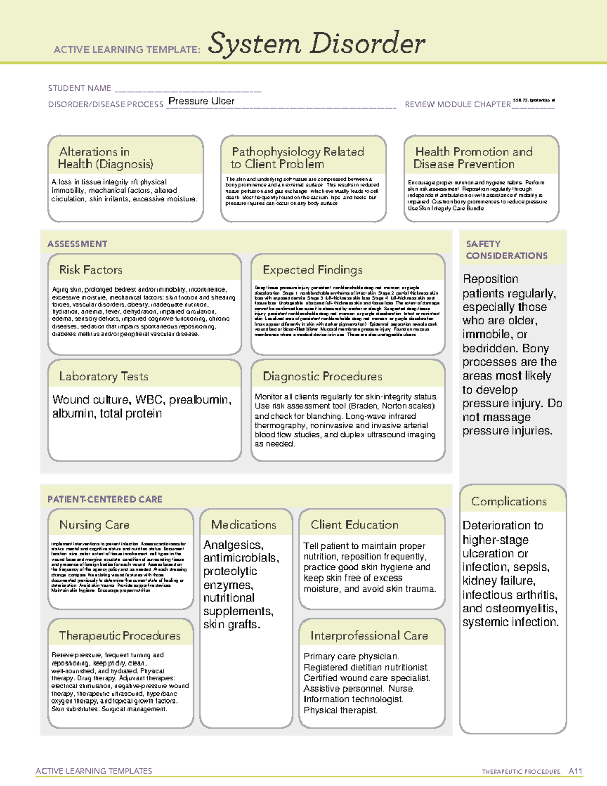 Pressure ulcer system disorder template ACTIVE LEARNING TEMPLATES