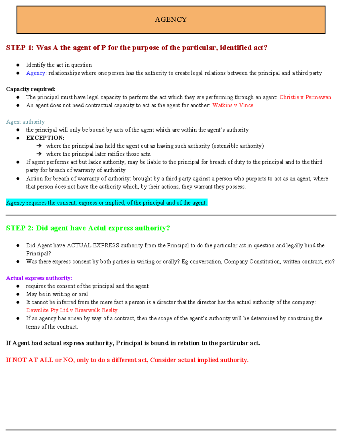 Agency PQ - Problem question guide - STEP 1: Was A the agent of P for ...
