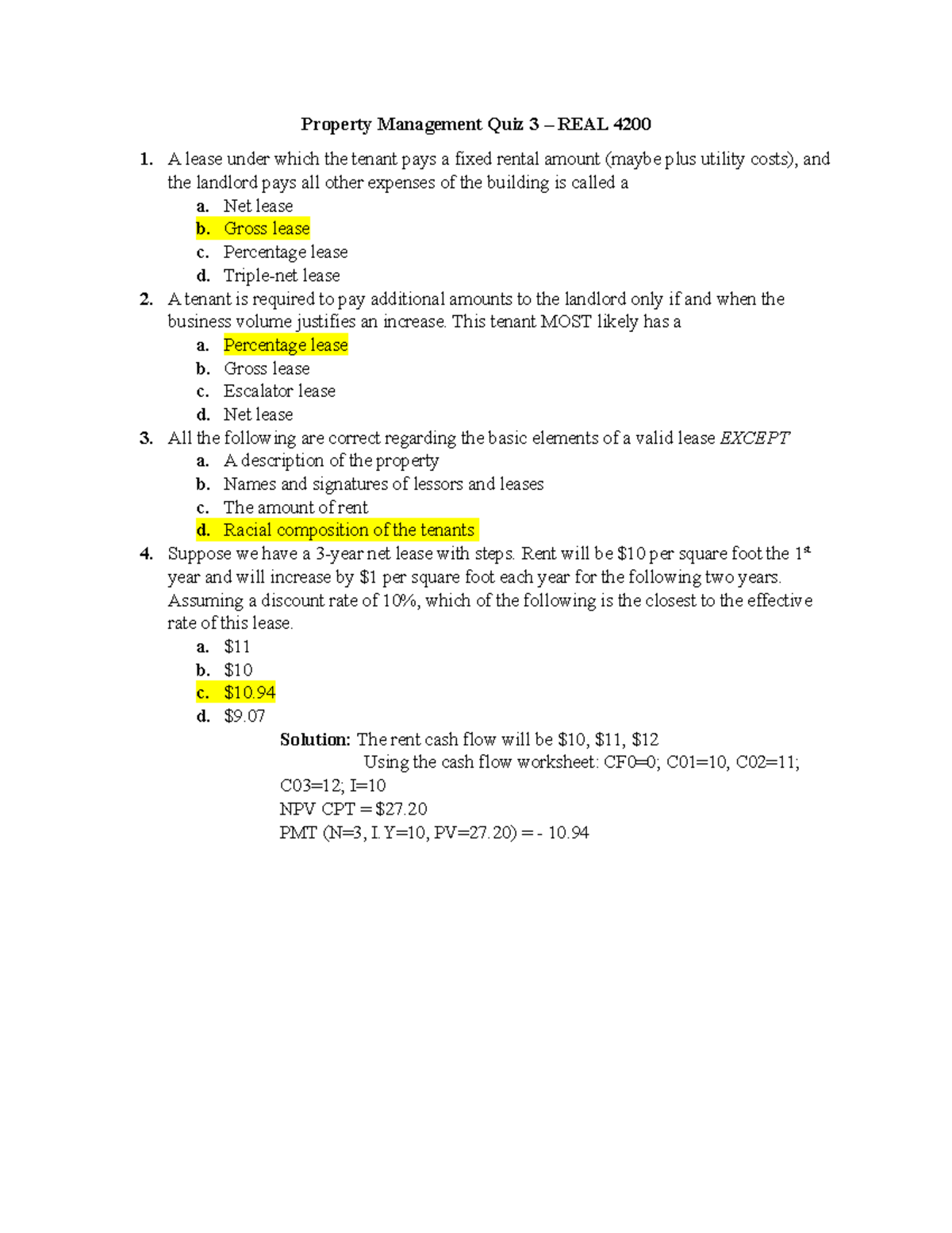 Property Management Quiz 3 REAL 4200 Property Management Quiz 3