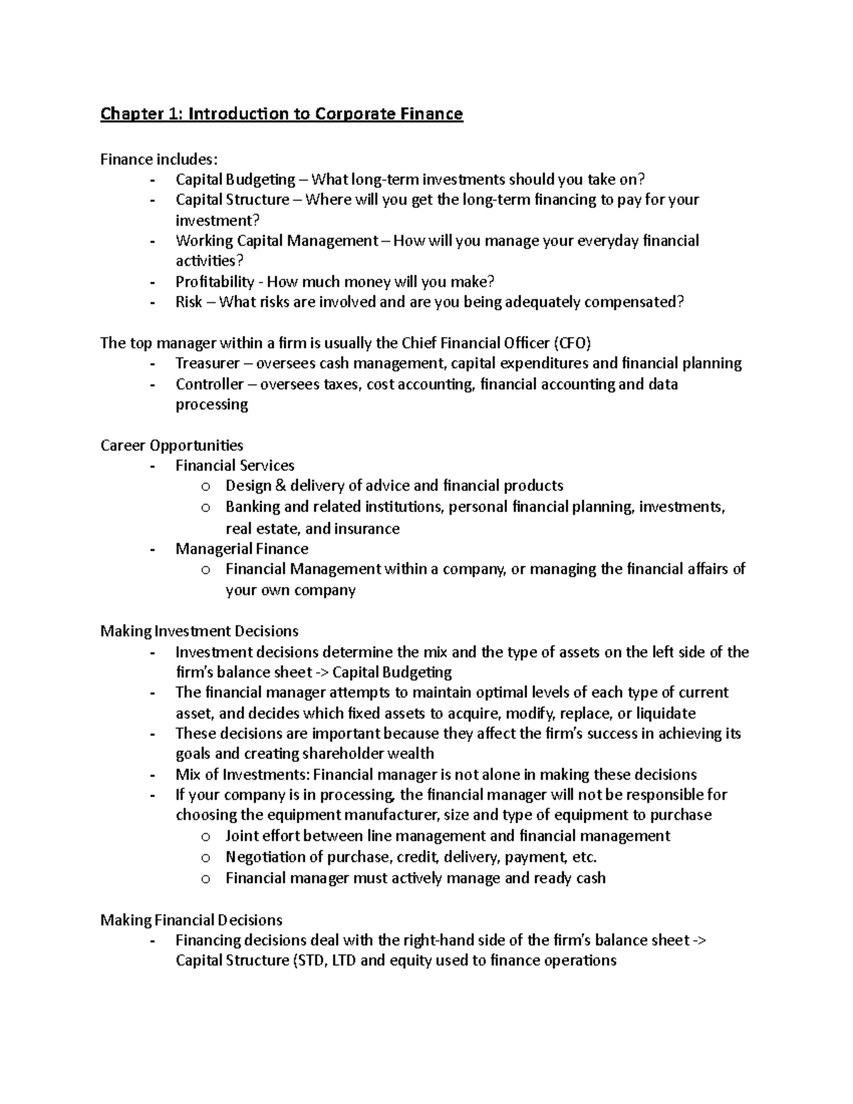 Comm 203 Notes - Chapter 1: Introduction to Corporate Finance Finance ...