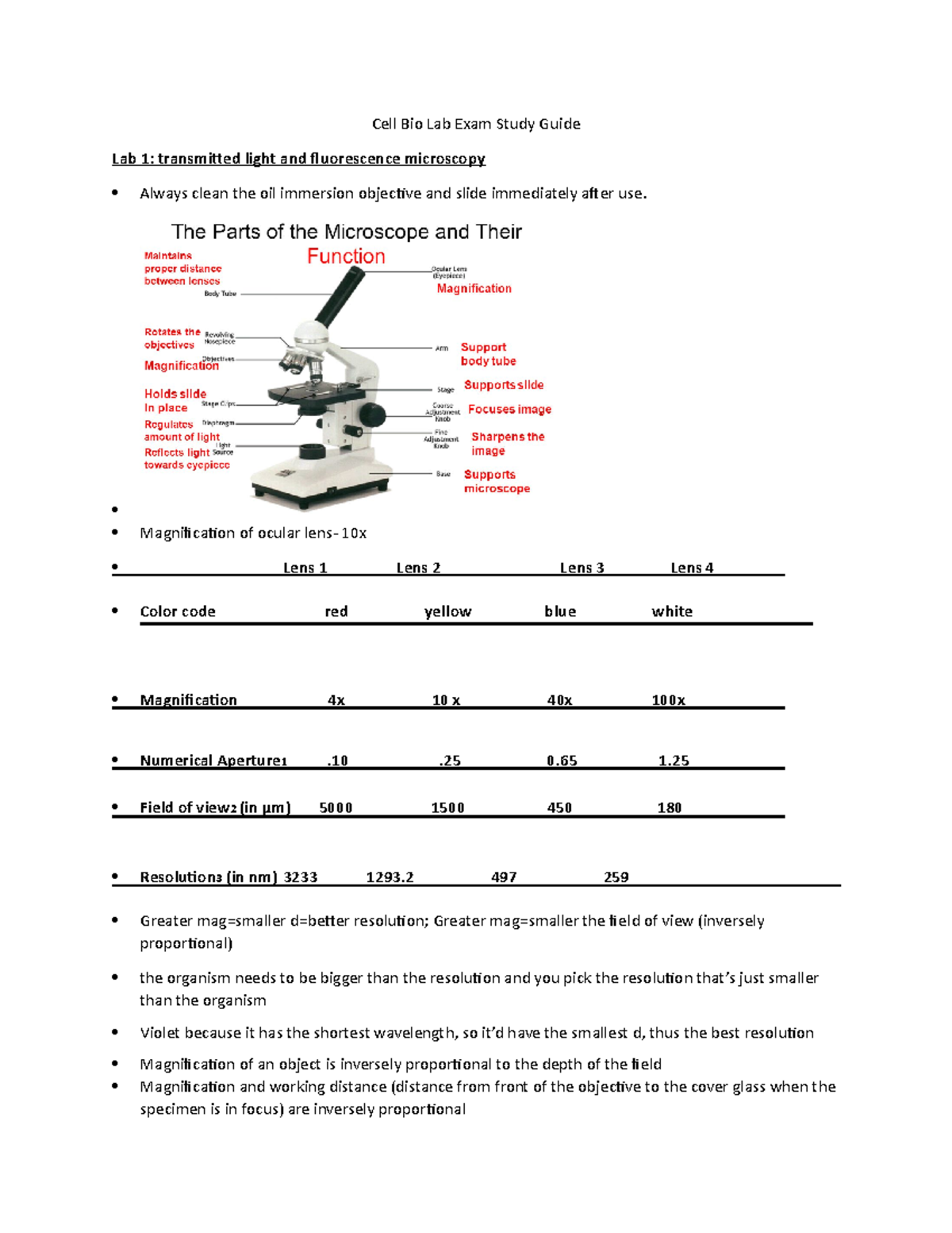 Cell Bio Lab Exam Study Guide Magnification of ocular lens 10x Lens