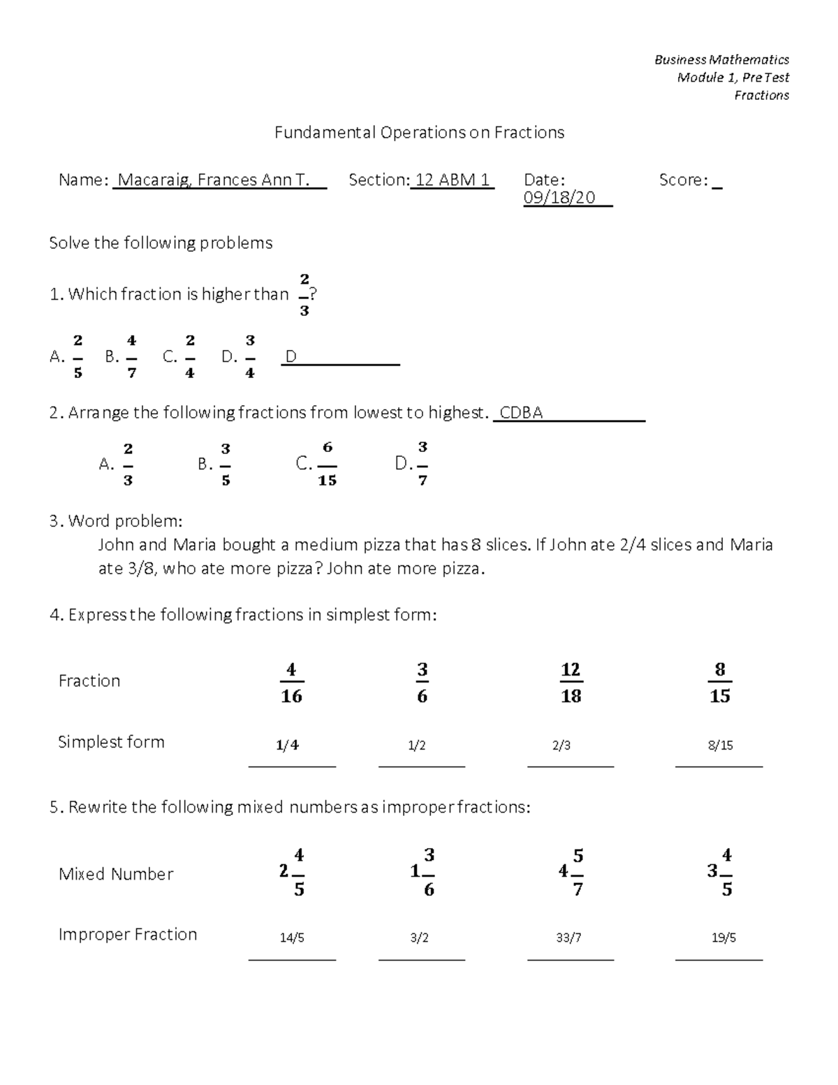 Module-1-Pre-test-on-fractions-1-2 - Business Mathematics Module 1, Pre ...