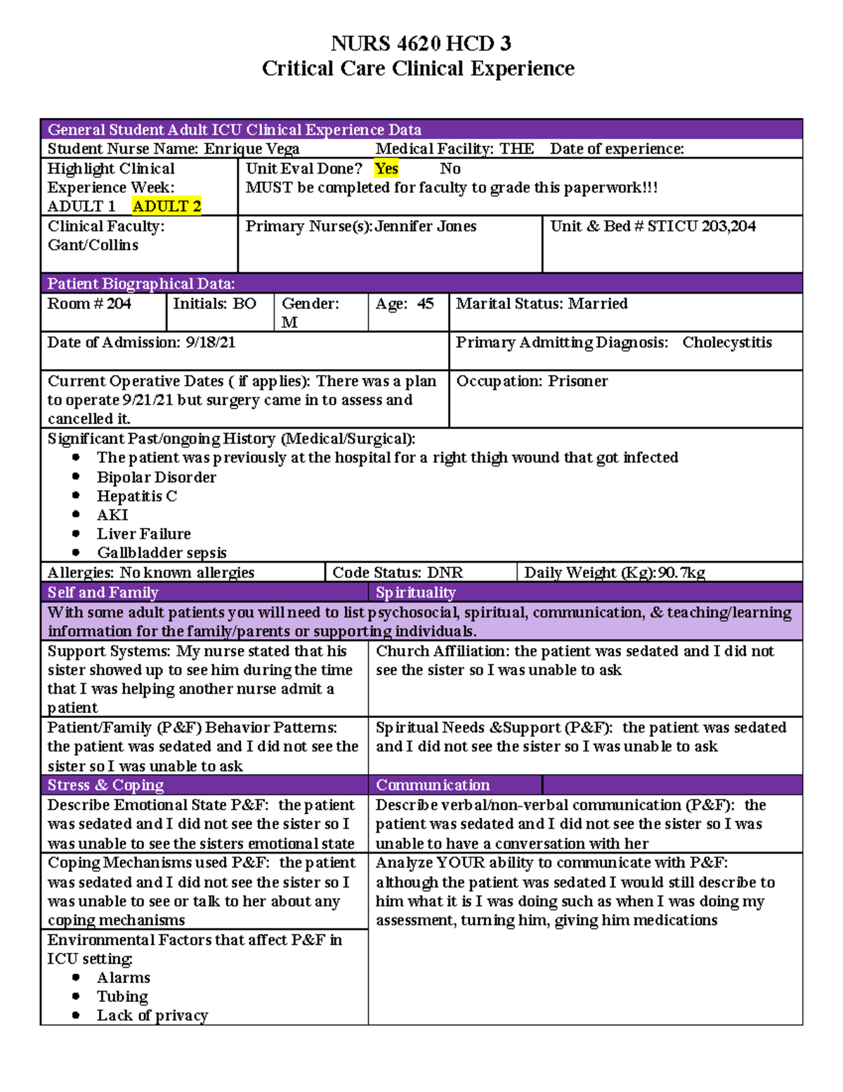 Adult ICU Paperwork #2 - Critical Care Clinical Experience General ...