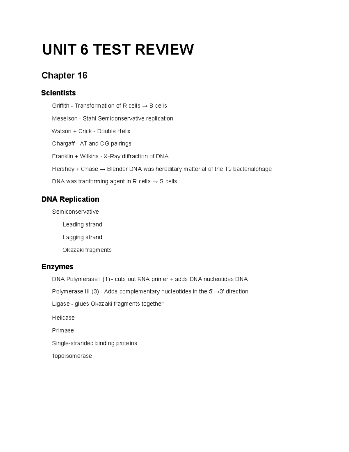 UNIT 6 TEST Review - Chapter 16 Scientists Griffith - Transformation of ...