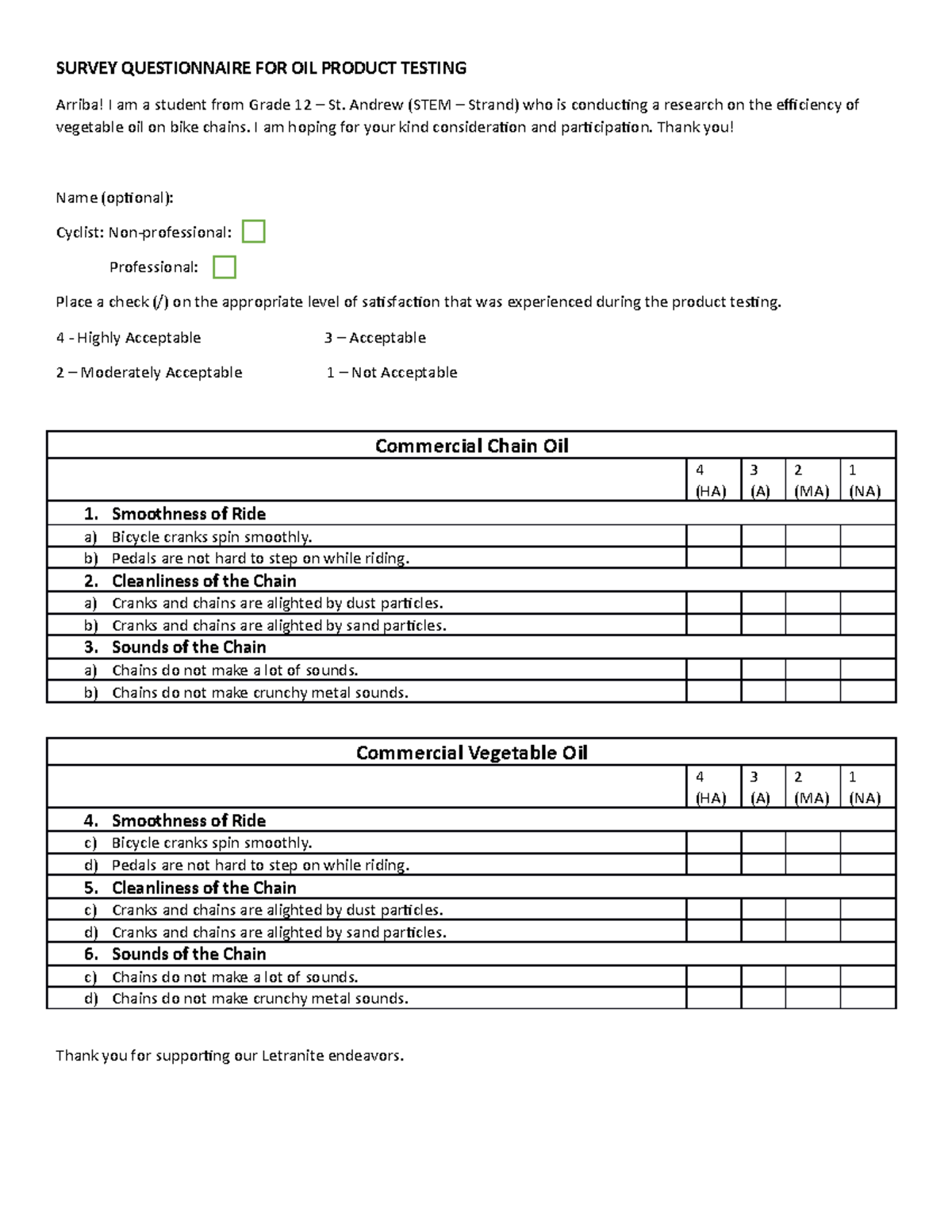 Survey Questionnaire Group 8 - Survey Questionnaire For Oil Product 