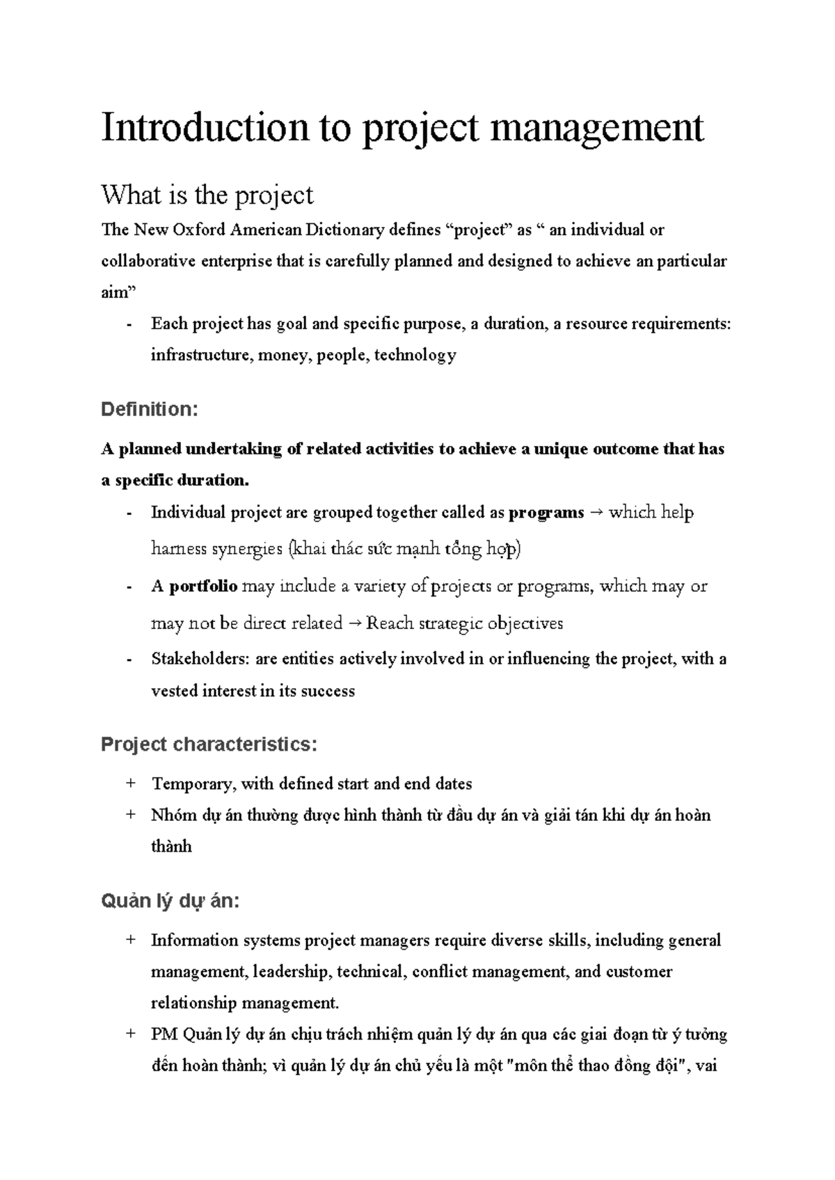 Chapter 1 - nội dung - Introduction to project management What is the ...