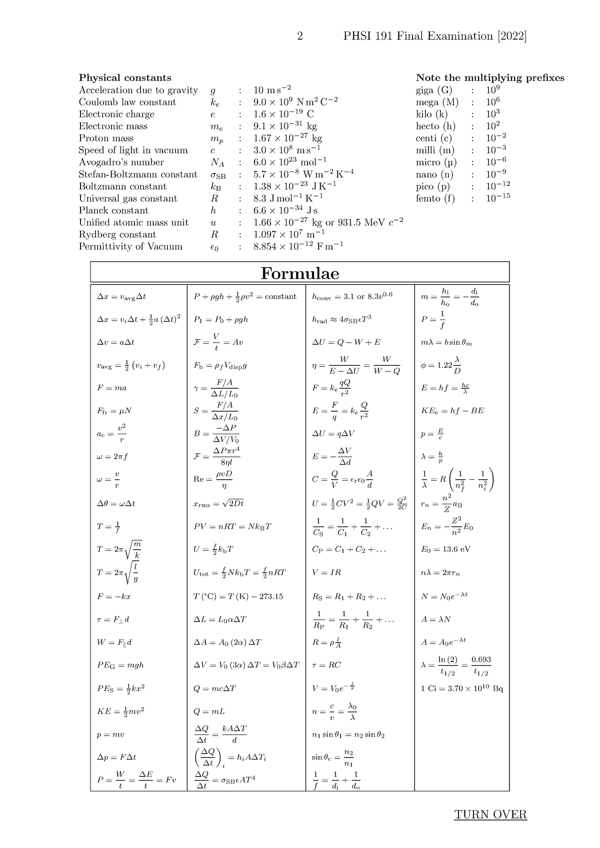 Formula Sheet - PHYS191 - 2 PHSI 191 Final Examination [2022] Physical ...