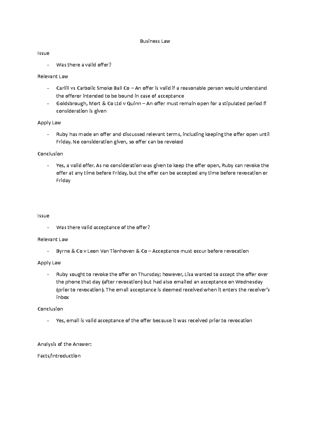 Business Law Week 3 - Notes - Business Law Issue Was there a valid ...