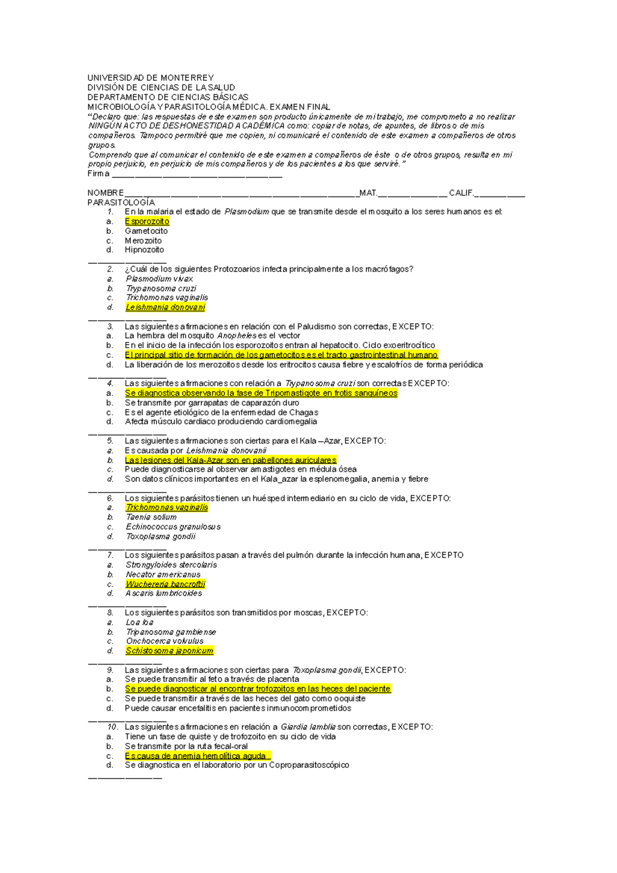 Examen Final Parasitos Y Bacterias Del Curso De Microbiologia ...