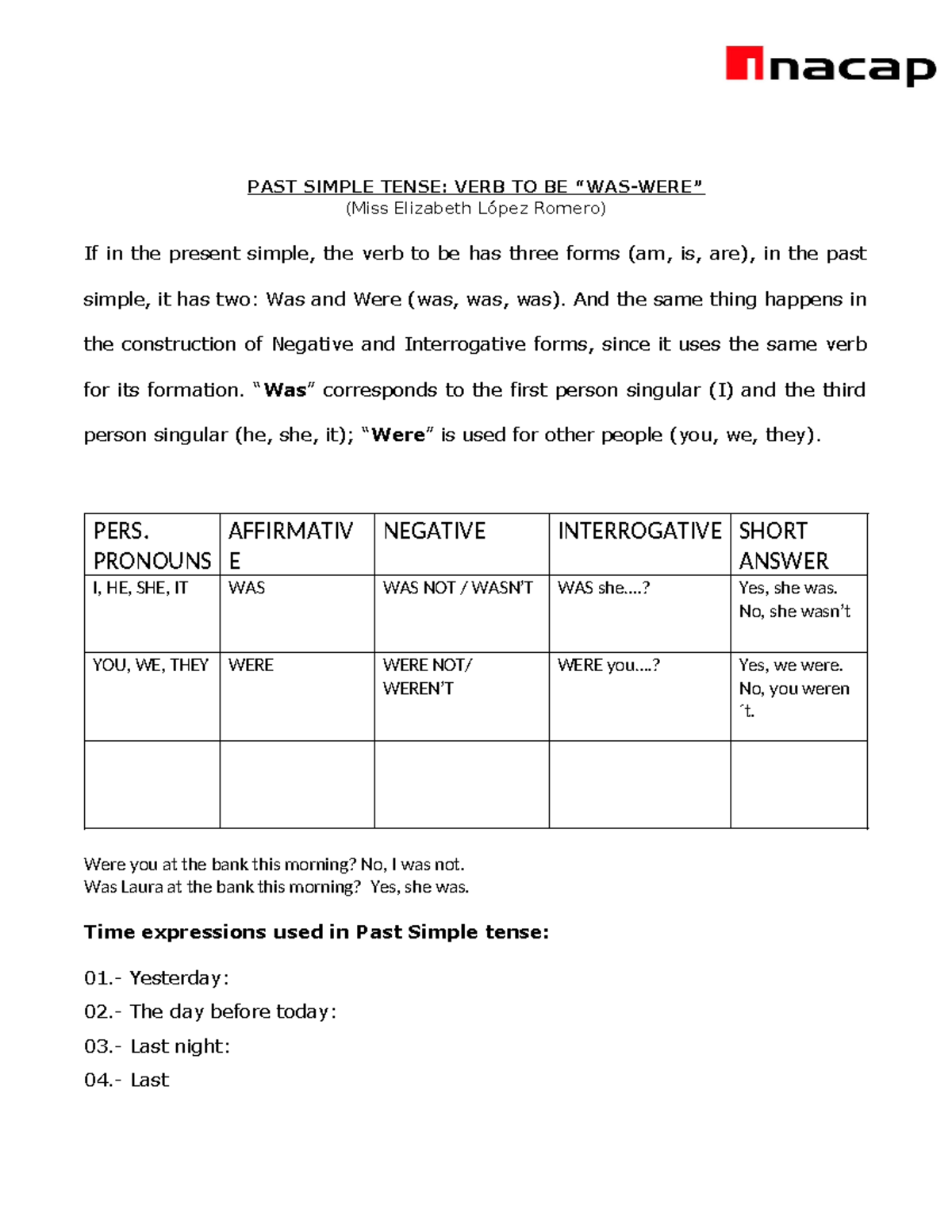 PAST Simple Tense to be WAS WERE - PAST SIMPLE TENSE: VERB TO BE “WAS ...