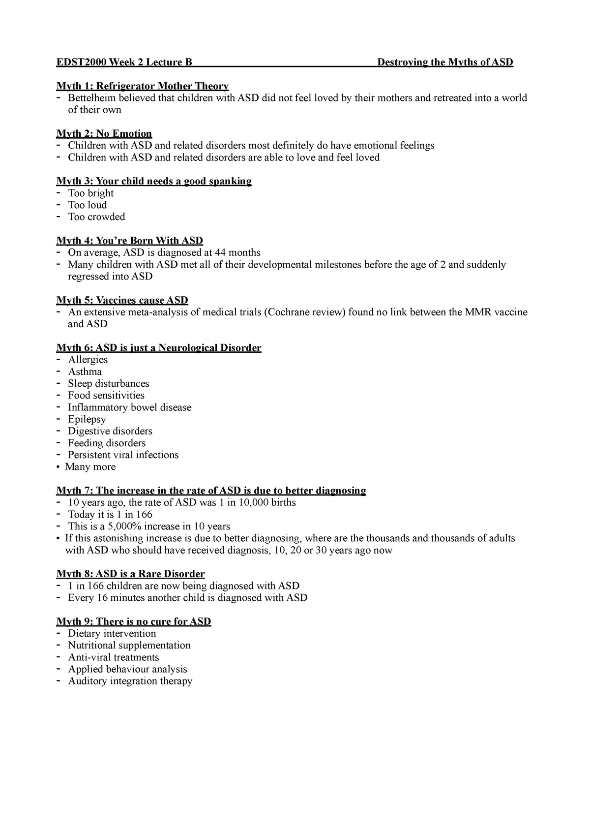 Week 2 Lecture 1B Myths of ASD - EDST2000 Week 2 Lecture B Destroying ...