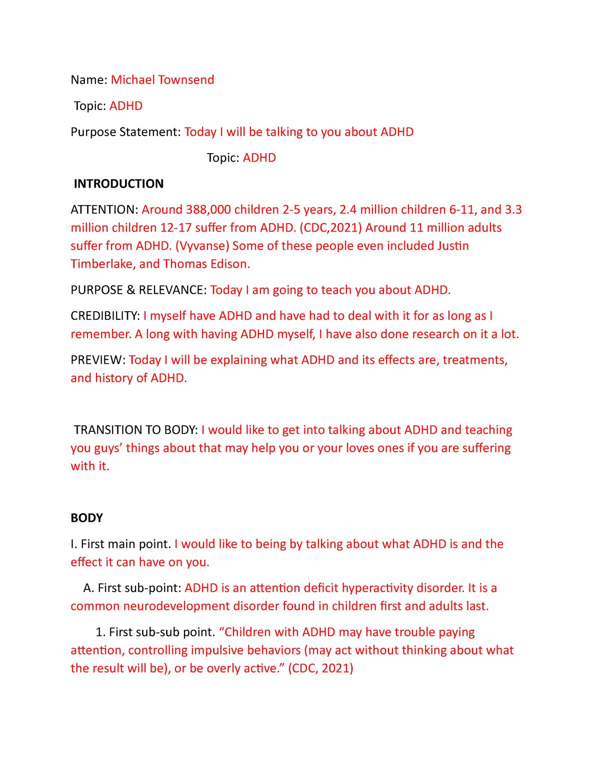 sample outline for adhd research paper