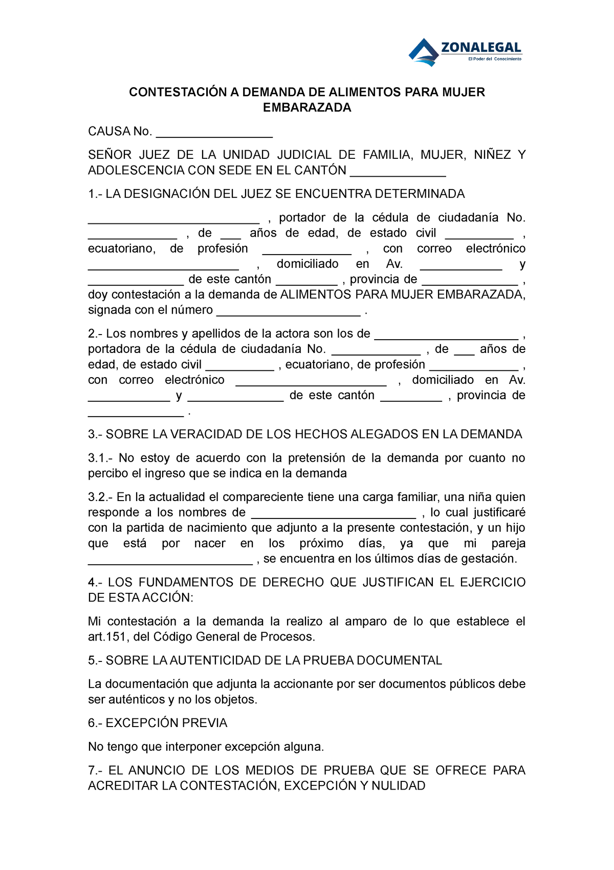 Contestacion A Demanda DE Alimentos PARA Mujer Embarazada ...