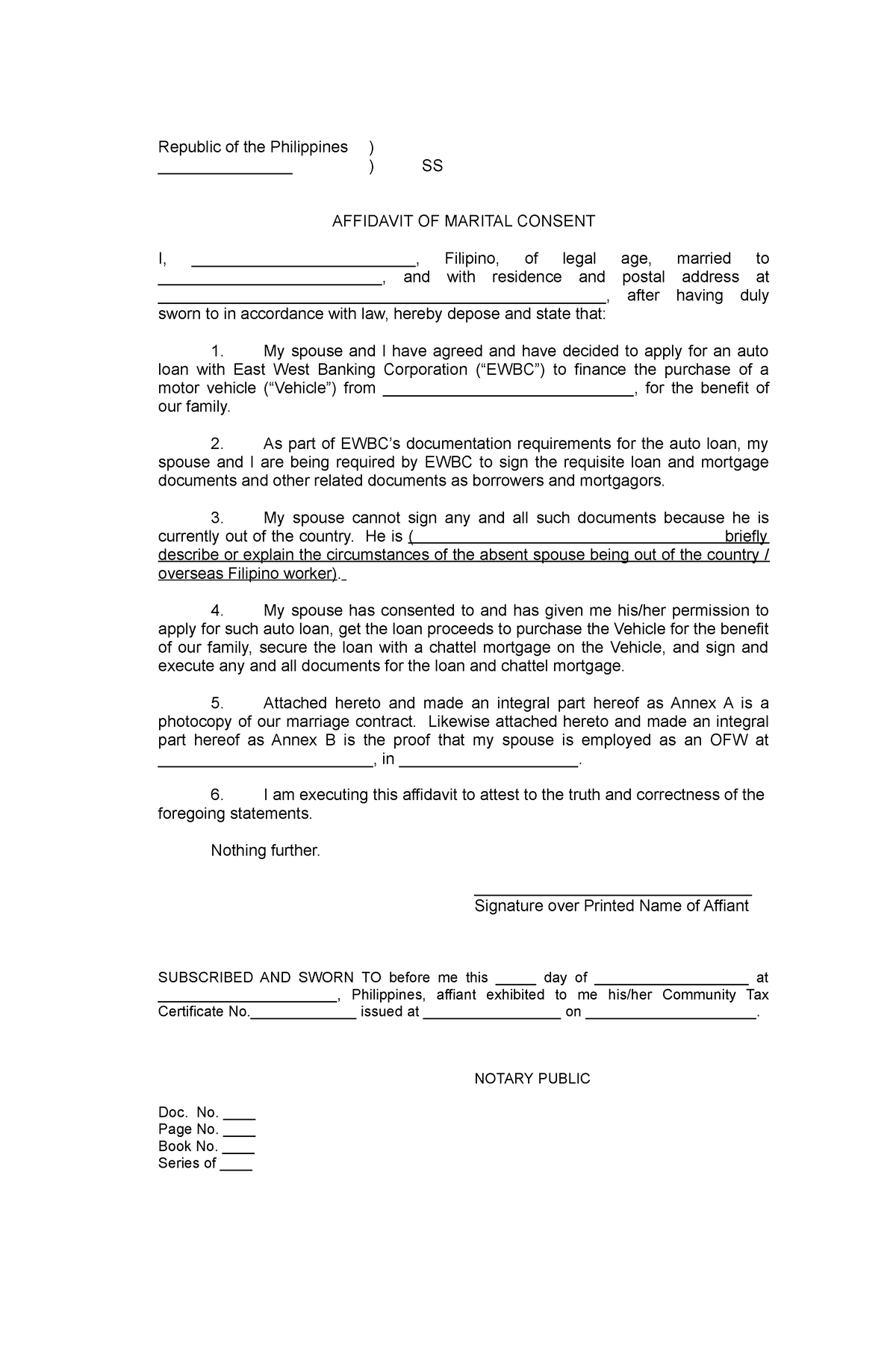 Affidavit Of Marital Consent Republic Of The Philippines Ss Affidavit Of 1784