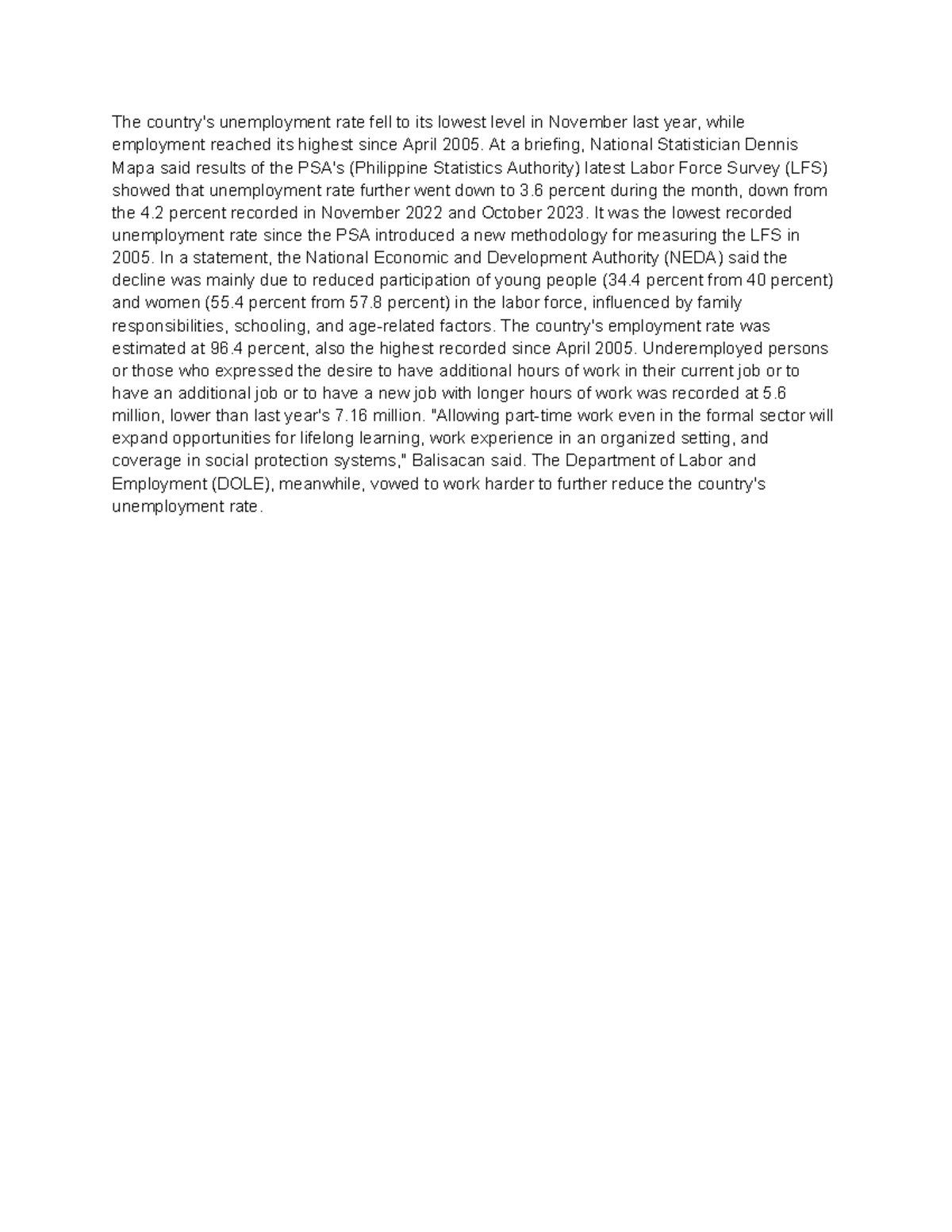 Philippine News - January of 2024 - The country's unemployment rate ...