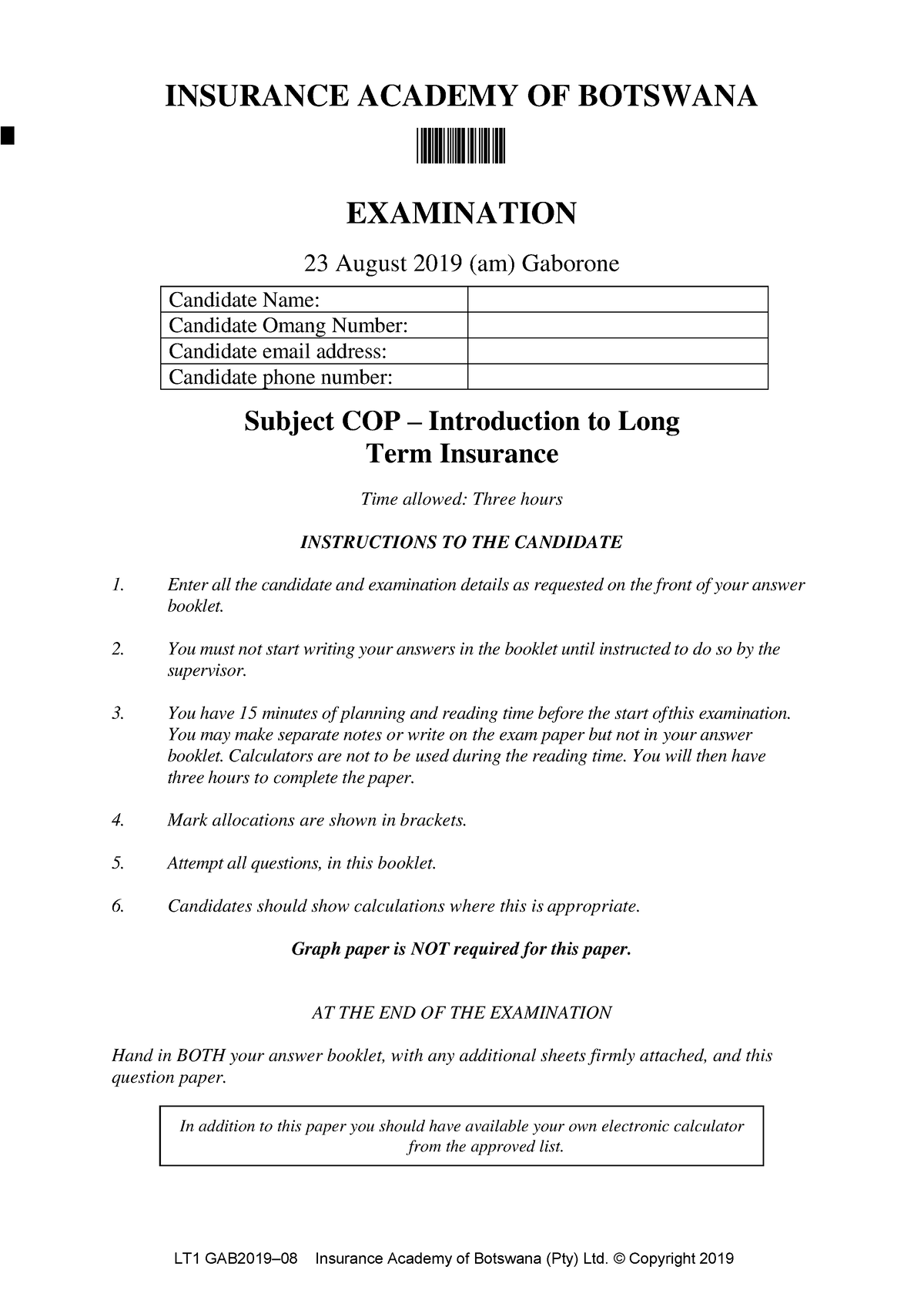 IAB Long Term Insurance COP 2019 Exam - Studocu