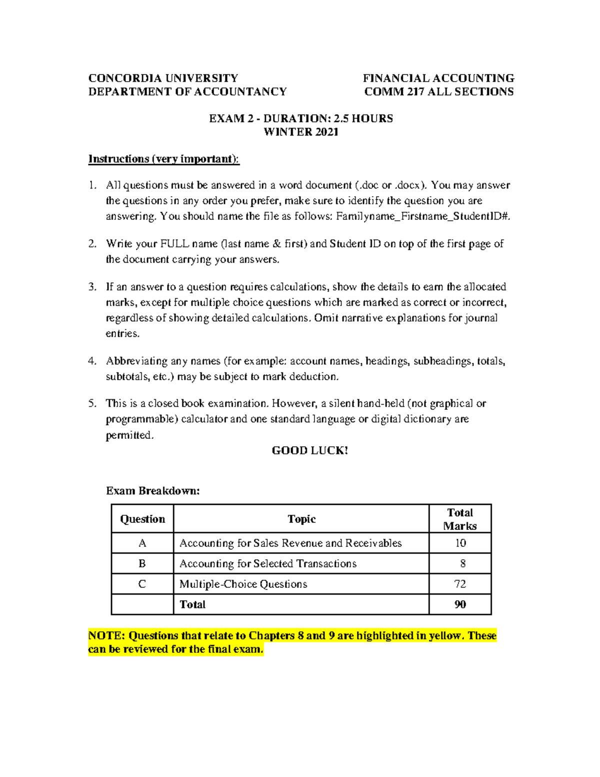 Exam 2W - Comm217 Midterm 2 Winter - CONCORDIA UNIVERSITY FINANCIAL ...