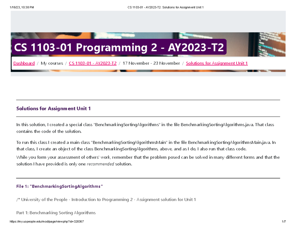 CS 1103-01 - AY2023-T2 Solutions For Assignment Unit 1 - CS 1103-01 ...