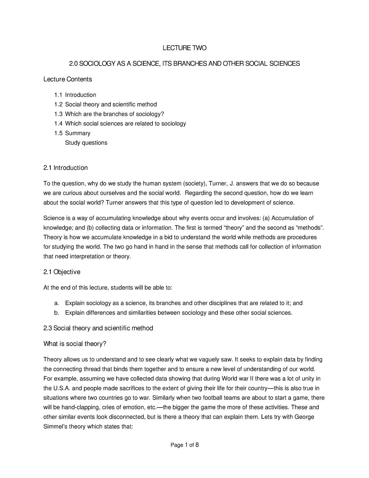 Lecture TWO - Sociology Notes 2 - LECTURE TWO 2 SOCIOLOGY AS A SCIENCE ...