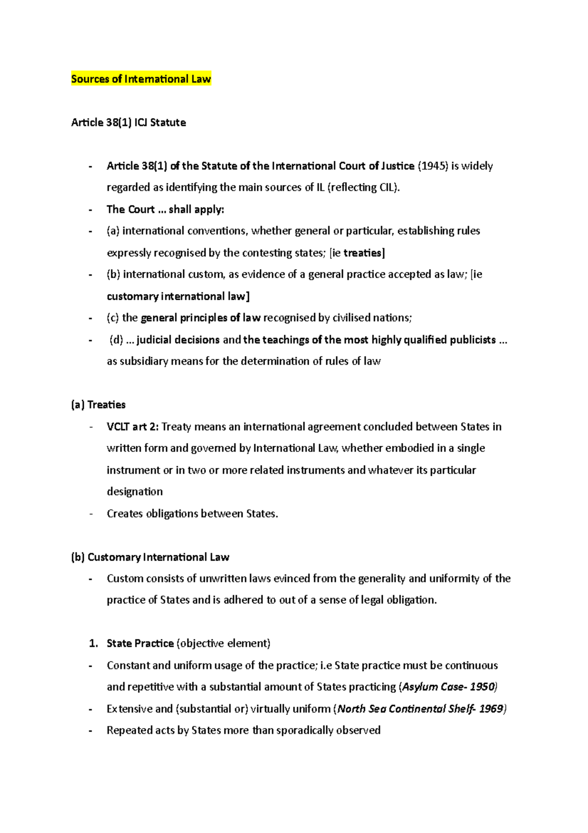 International Law Notes For First Test Sources Of International Law 