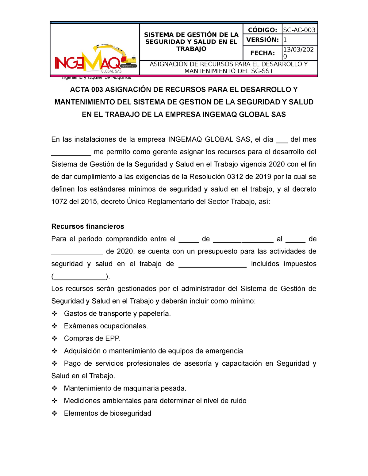 Acta 003 Asignación De Recursos 2 Sistema De GestiÓn De La Seguridad Y Salud En El Trabajo 0794