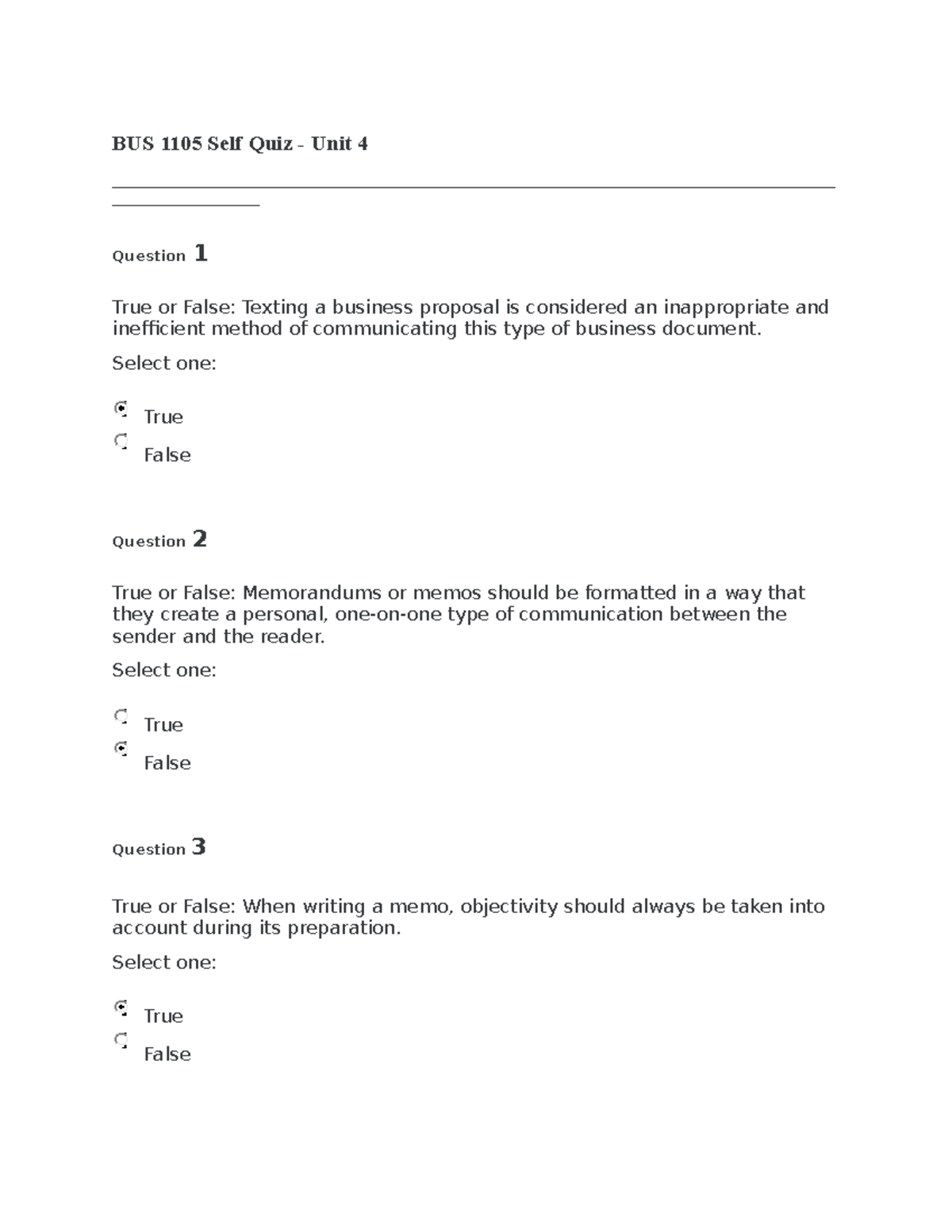 BUS 1105 Self Quiz - Unit 4 - BUS 1105 Self Quiz - Unit 4 Question 1 ...