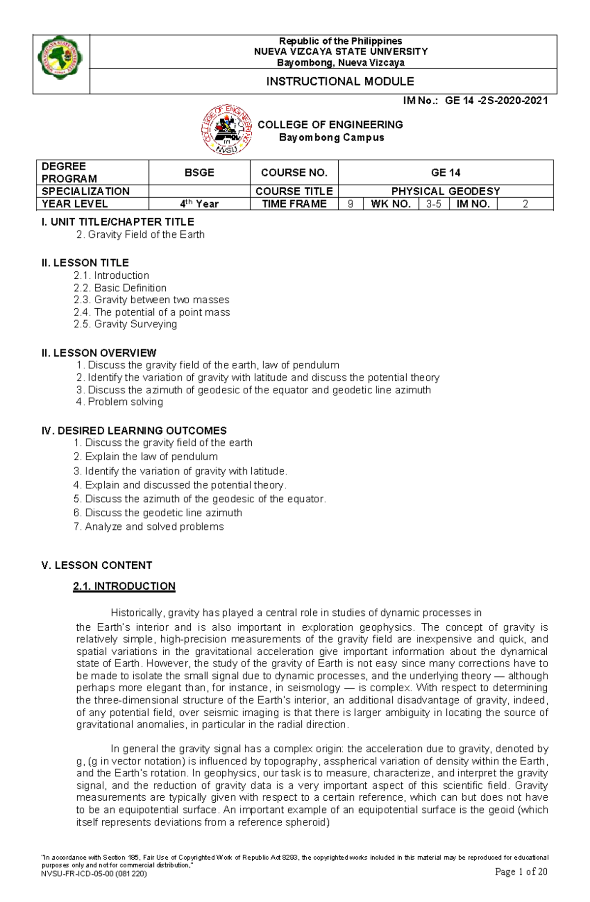 Module 2 (W3-W5) - PHYSICAL GEODESY - NUEVA VIZCAYA STATE UNIVERSITY ...