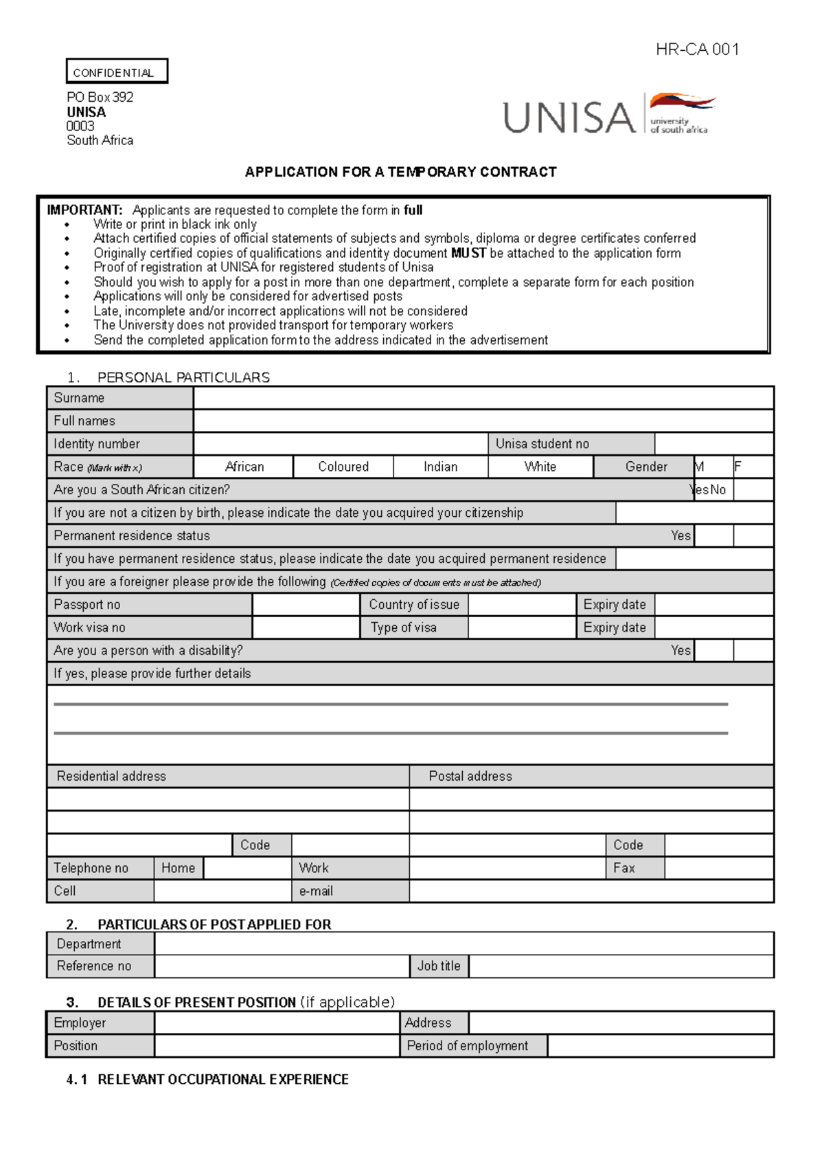 Applic Temporary Contract April 2013 - HR-CA 001 PO Box 392 UNISA 0003 ...