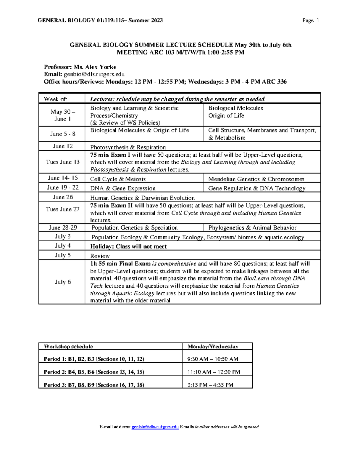 GB 115 Syllabus Summer 2023 GENERAL BIOLOGY SUMMER LECTURE SCHEDULE