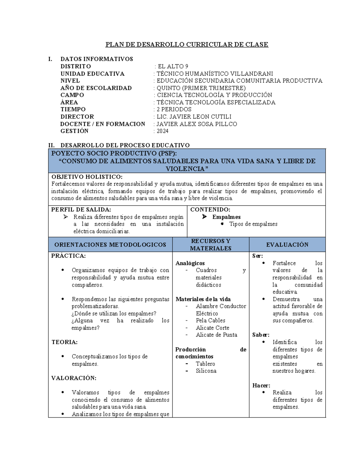 PDC Empalmes - PDC - PLAN DE DESARROLLO CURRICULAR DE CLASE I. DATOS ...