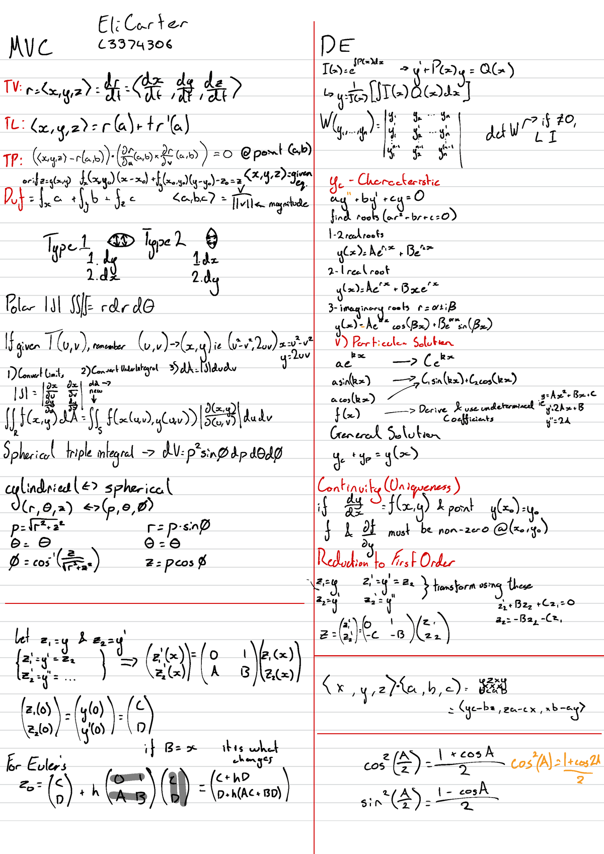 Cheat Sheet Final - EliCarter MVC (3374306 DE I(x) = eP(x)dx - > y' P(x ...