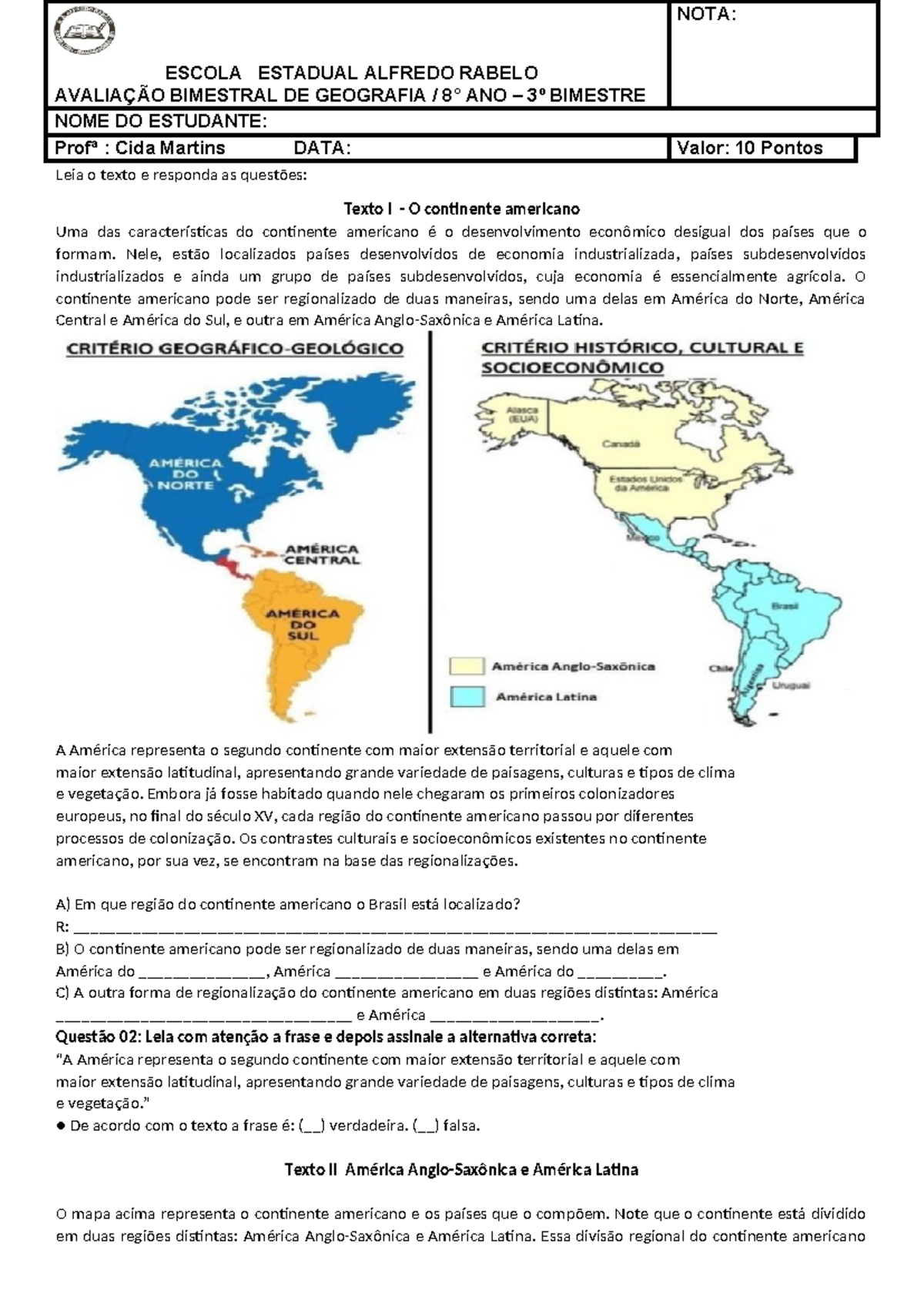 Prova 8º ano 3º Bim. 2024 - Leia o texto e responda as questões: Texto ...