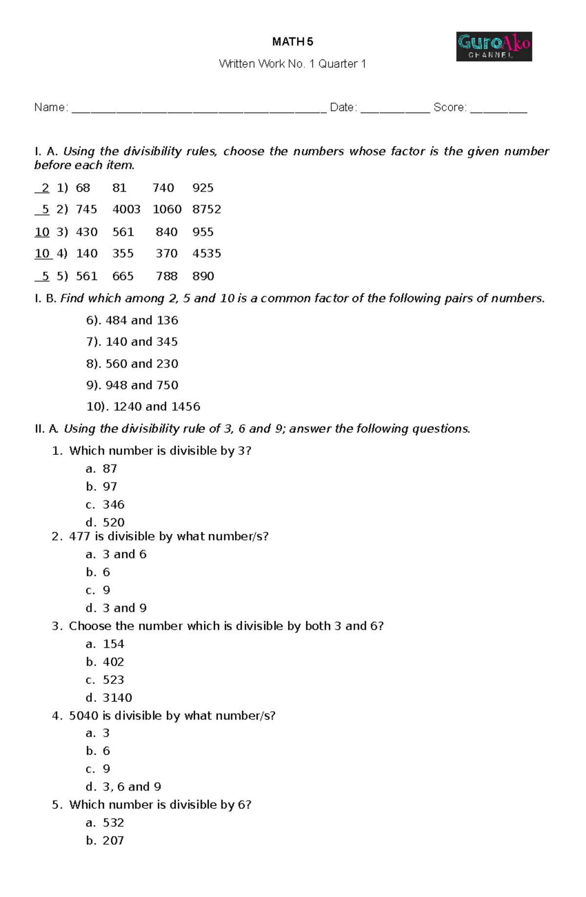 ST-MATH-5-NO.-1 - MATH 5 Written Work No. 1 Quarter 1 Name