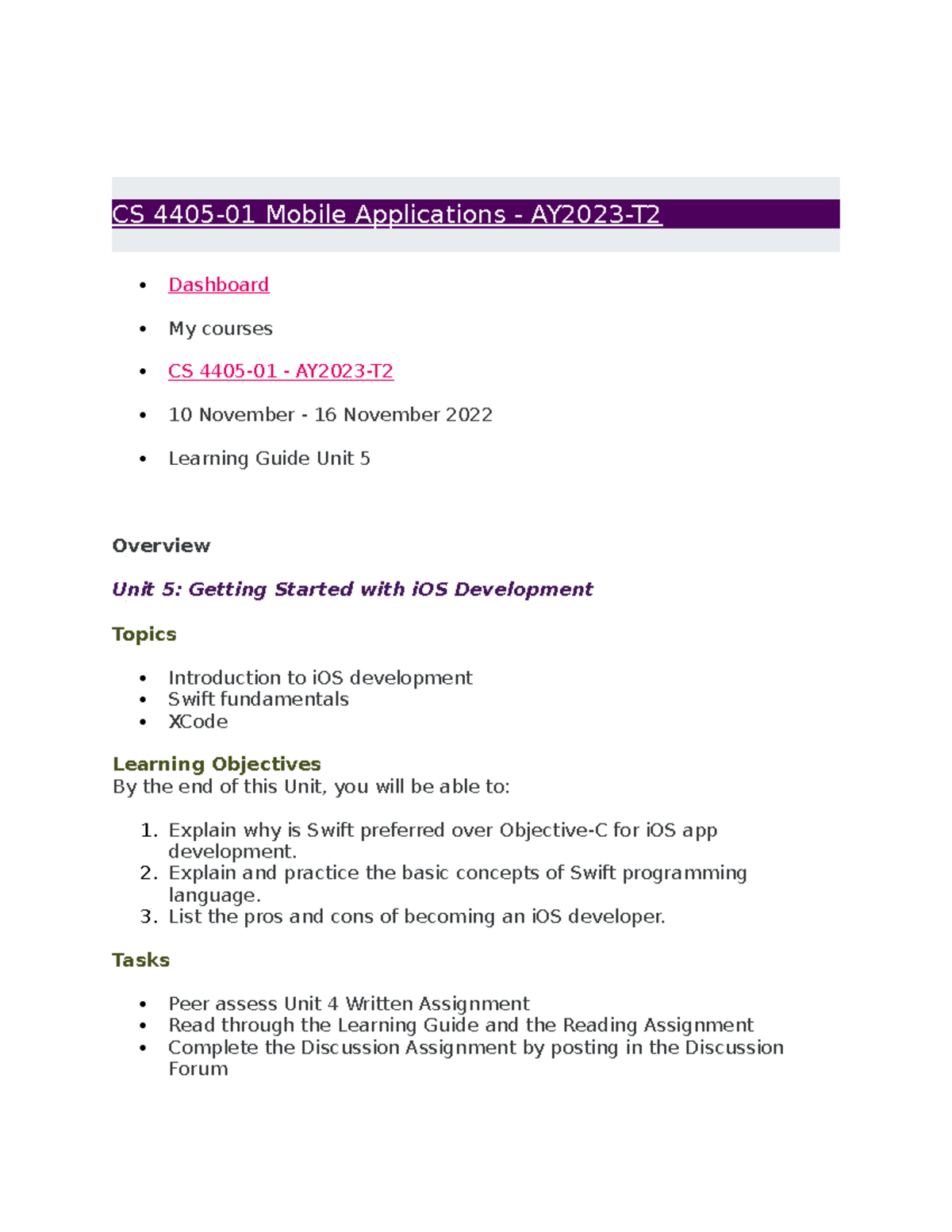 Learning Guide Unit 5- Cs 4405 - CS 4405-01 Mobile Applications ...