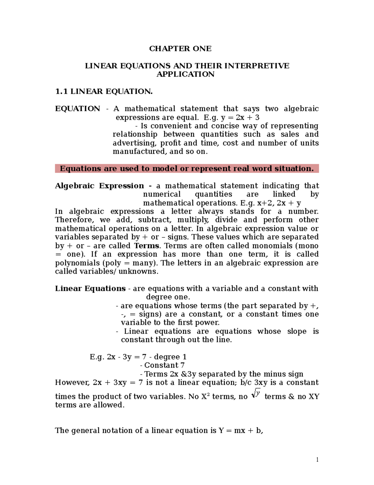 Chapter I math for management - CHAPTER ONE LINEAR EQUATIONS AND THEIR ...