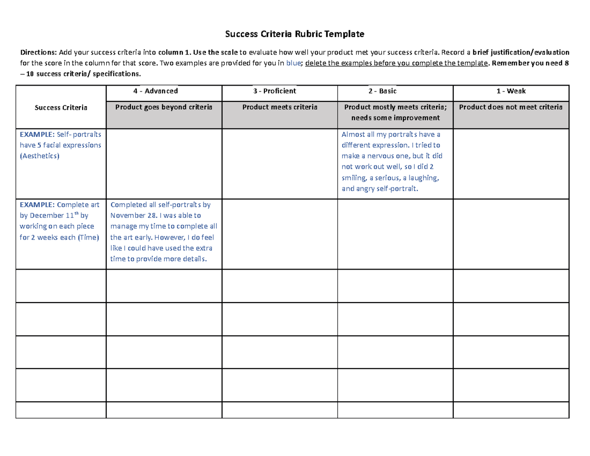 Copy of success criteria rubric template - Success Criteria Rubric ...